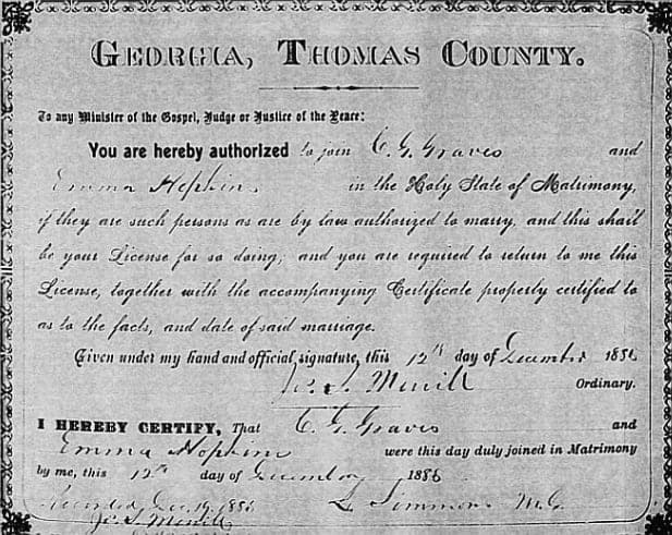 Marriage record of Emaline 'Emma' Hopkins and C.G. Graves, 1886